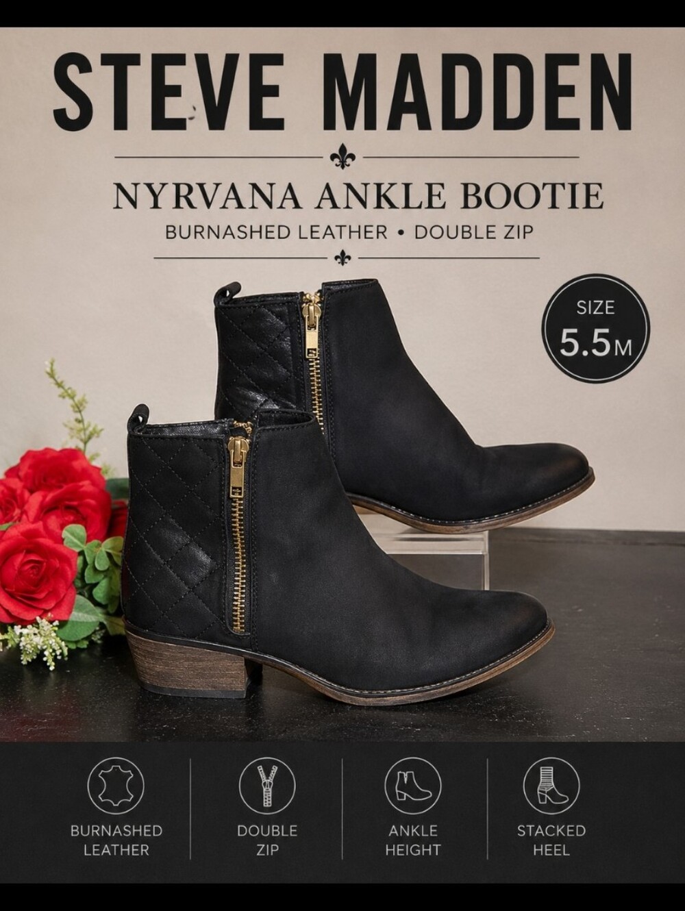 STEVE MADDEN Nyrvana Black Burnashed Leather Ankle Bootie Double Zip 5.5M